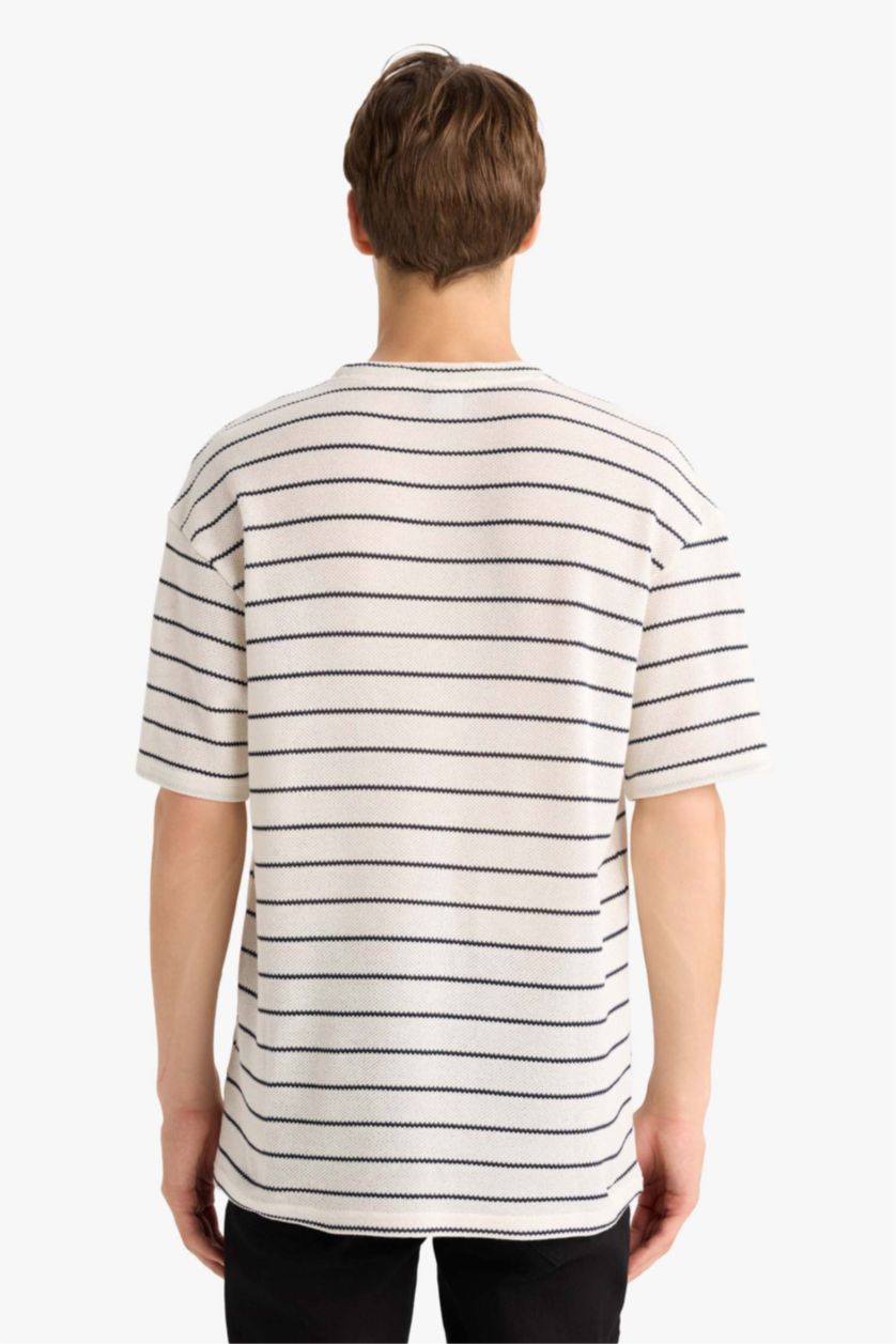 Erkek Ekru Dokulu Boxy Fit Çizgili Tişört