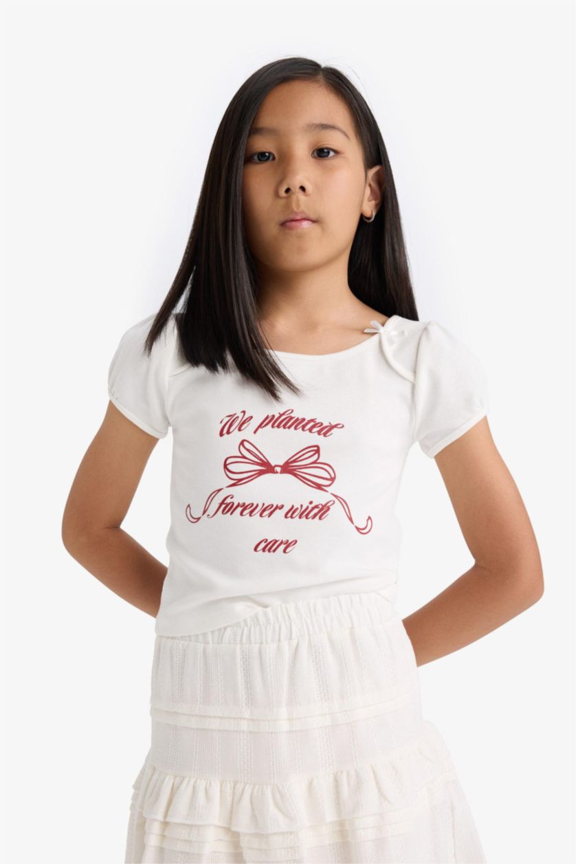 Kız Çocuk - Genç Kız Ekru Bisiklet Yaka Baskılı Tişört Kız Çocuk