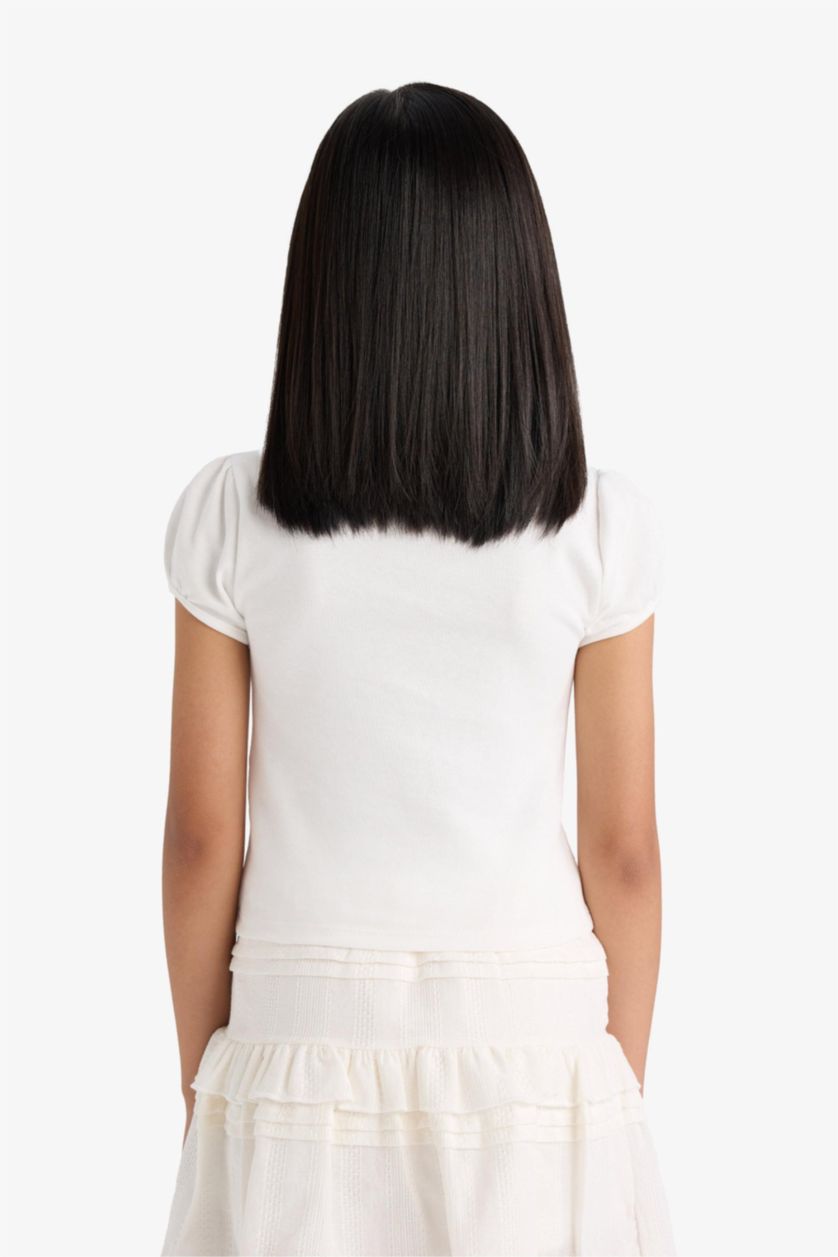 Kız Çocuk - Genç Kız Ekru Bisiklet Yaka Baskılı Tişört Kız Çocuk