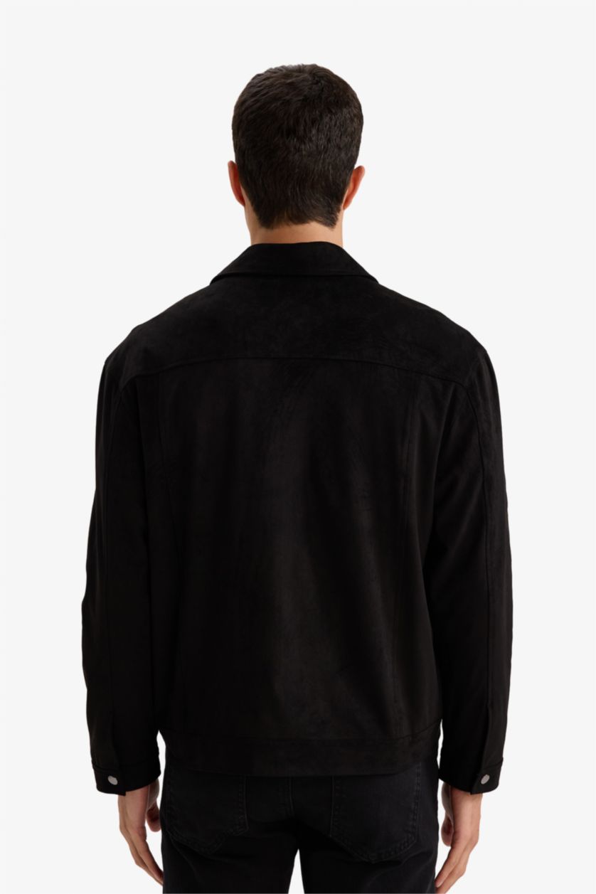 Erkek Siyah Slım Fıt Polo Yaka Fermuarlı Mont