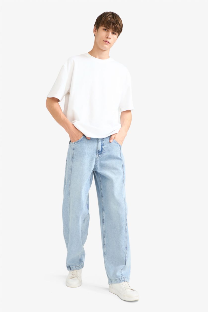 Man Light Blue Barrel Fit Wide Leg Jeans