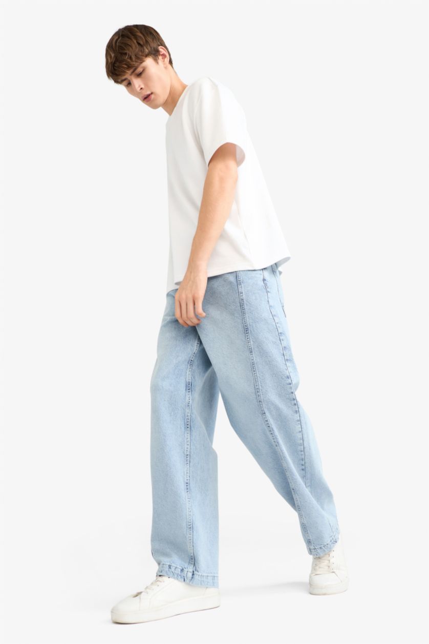 Man Light Blue Barrel Fit Wide Leg Jeans