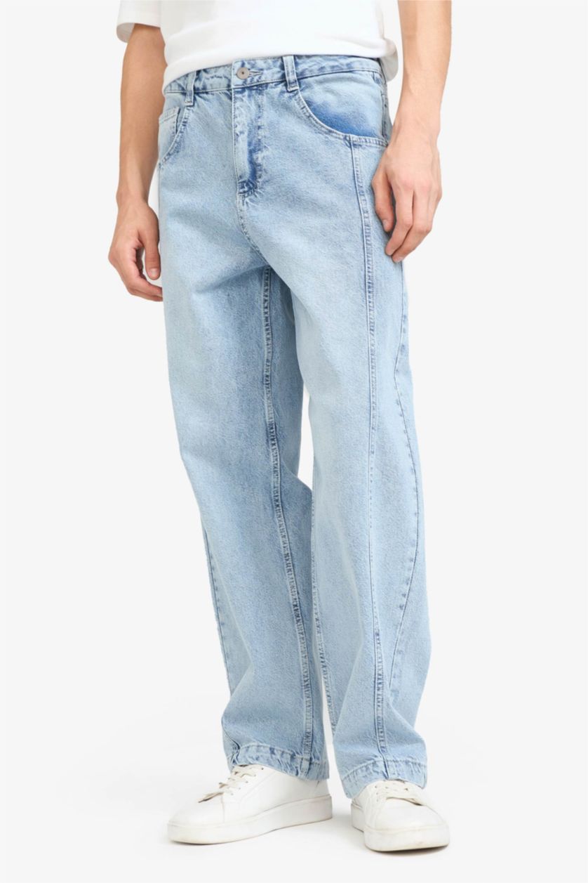 Man Light Blue Barrel Fit Wide Leg Jeans