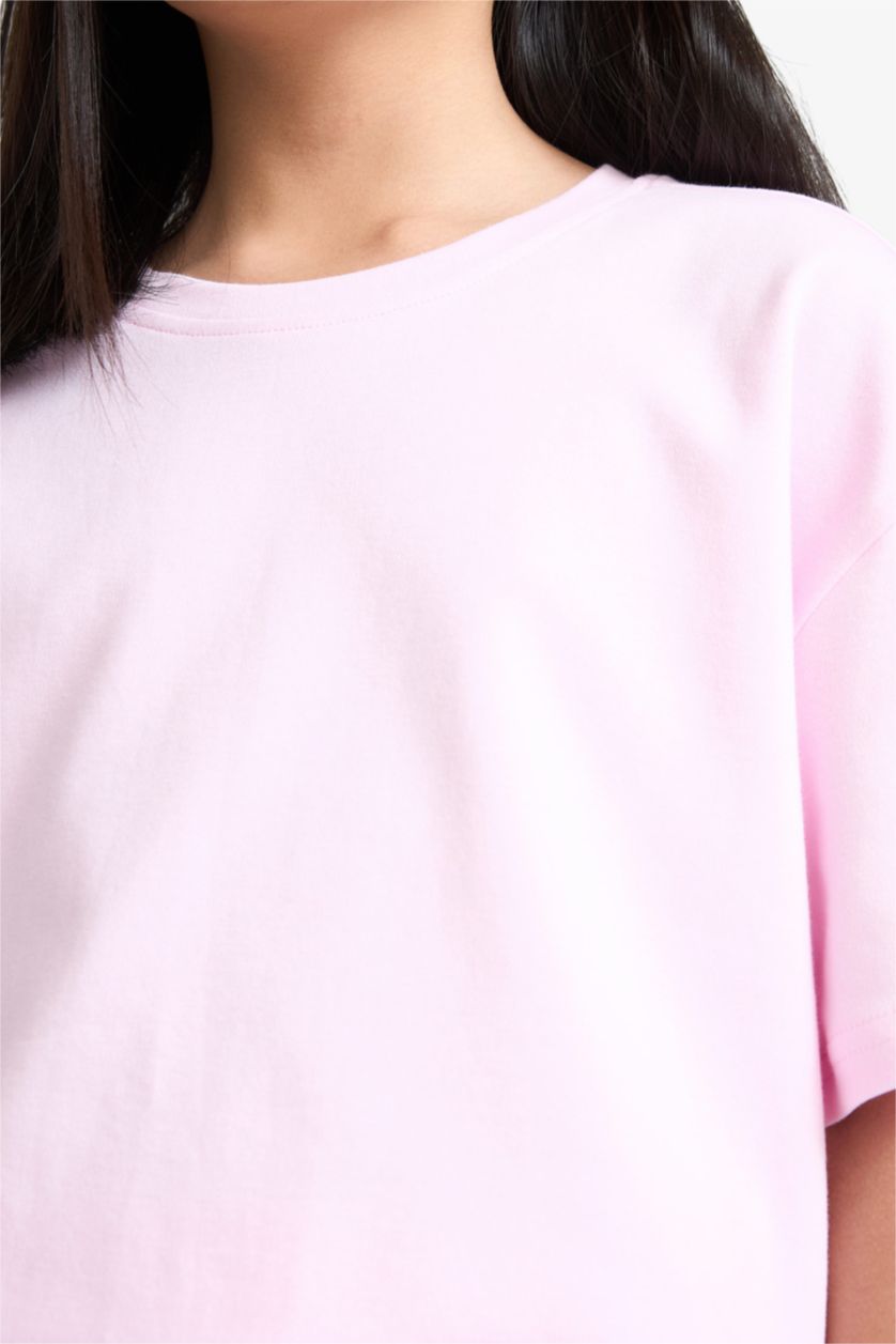 Kız Çocuk - Genç Kız Açık Pembe Oversize Geniş Kalıp Bisiklet Yaka Basic Düz Kısa Kollu Tişört Kız Çocuk