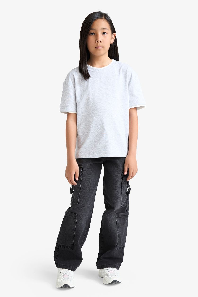 GIRLS & TEENS Grey Melange Girl Relax Fit Ribbed Short Sleeve T-Shirt