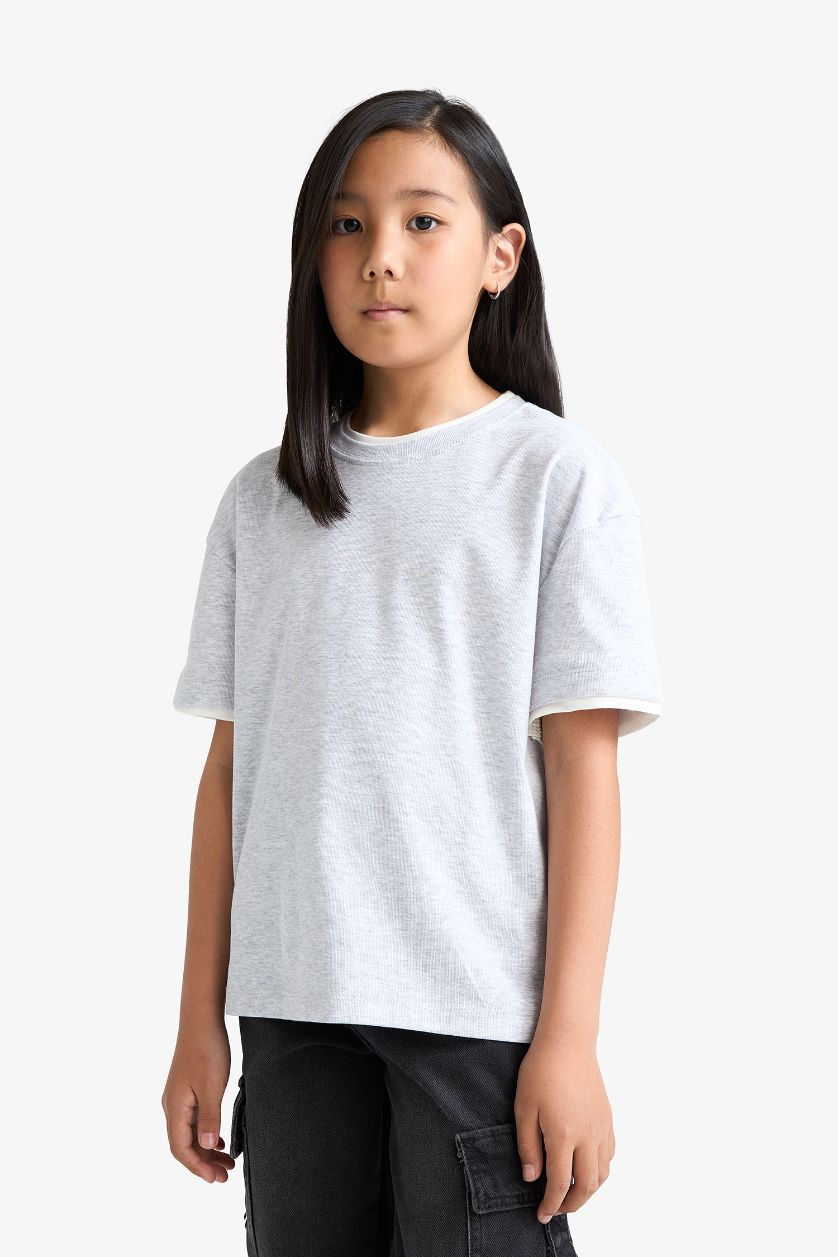 GIRLS & TEENS Grey Melange Girl Relax Fit Ribbed Short Sleeve T-Shirt