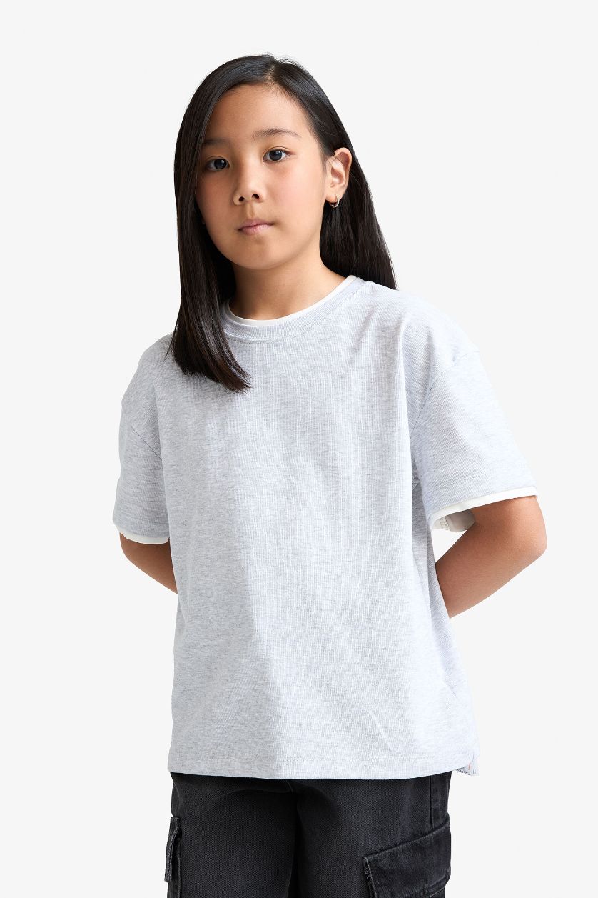 GIRLS & TEENS Grey Melange Girl Relax Fit Ribbed Short Sleeve T-Shirt