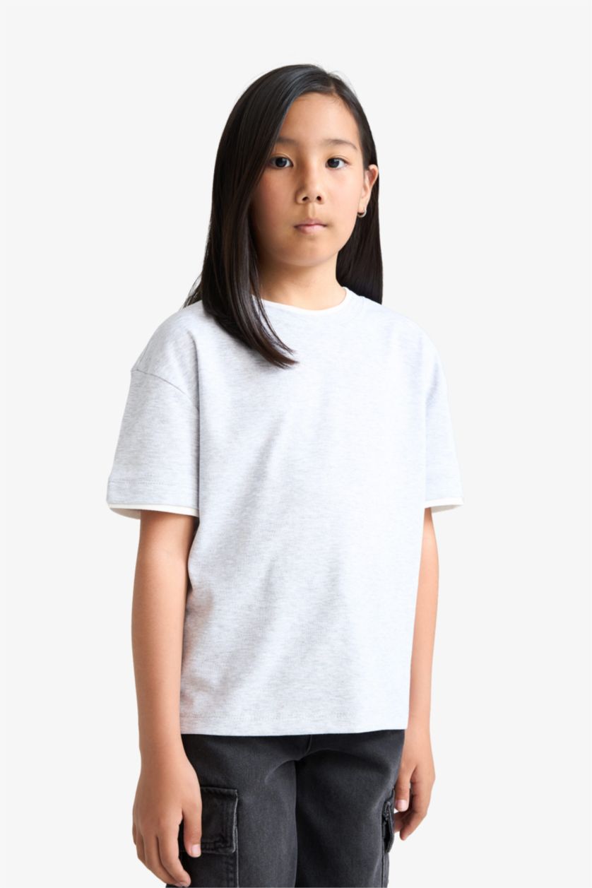 GIRLS & TEENS Grey Melange Girl Relax Fit Ribbed Short Sleeve T-Shirt