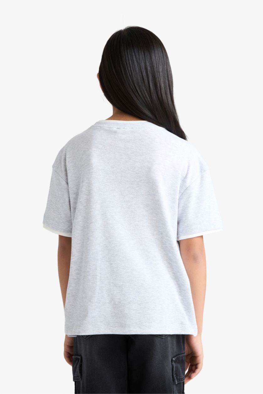 GIRLS & TEENS Grey Melange Girl Relax Fit Ribbed Short Sleeve T-Shirt