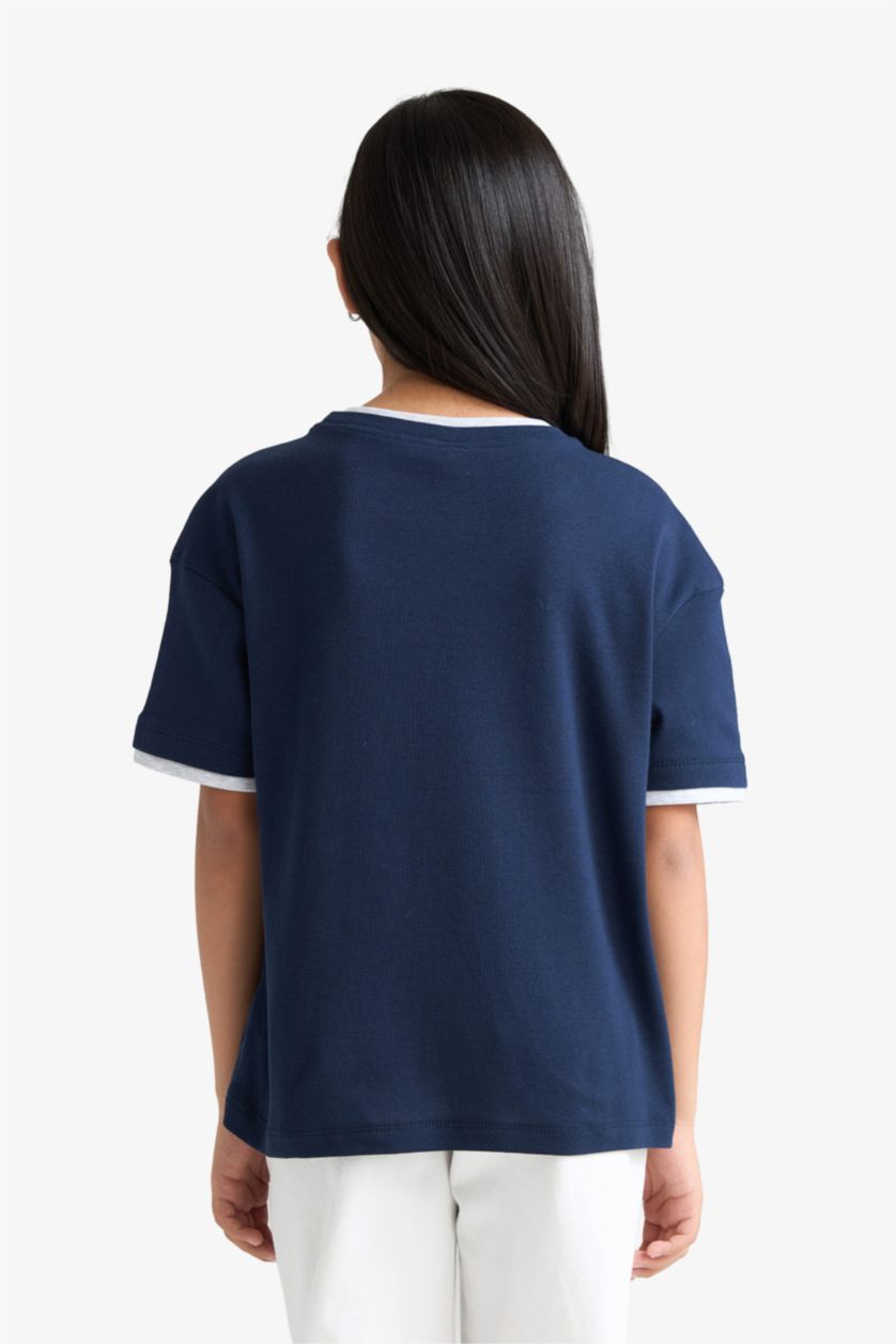 Kız Çocuk - Genç Kız Lacivert Relax Fit Ribana Kısa Kollu Tişört Kız Çocuk