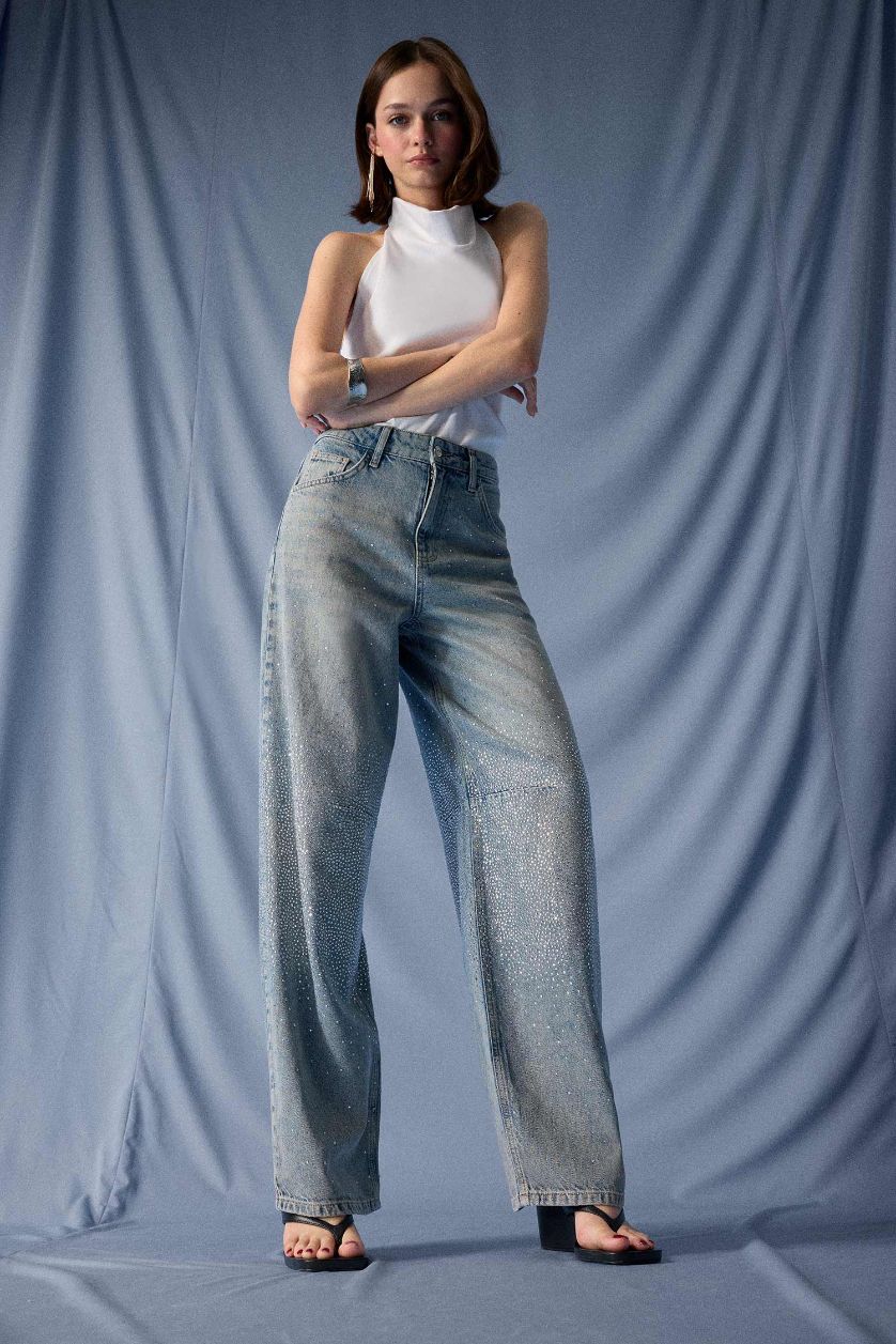 Kadın Mavi Baggy Fit Yüksek Bel Uzun Jean Yıkamalı Pantolon