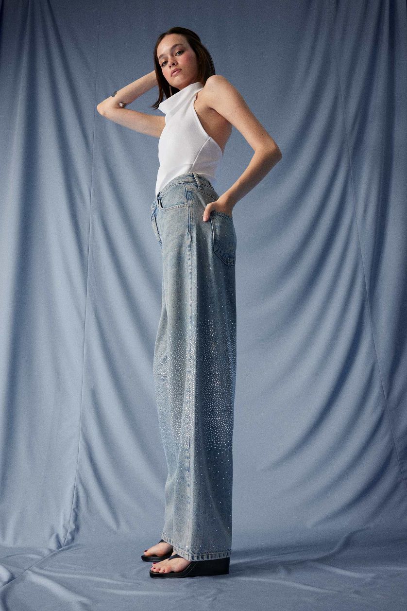 Kadın Mavi Baggy Fit Yüksek Bel Uzun Jean Yıkamalı Pantolon