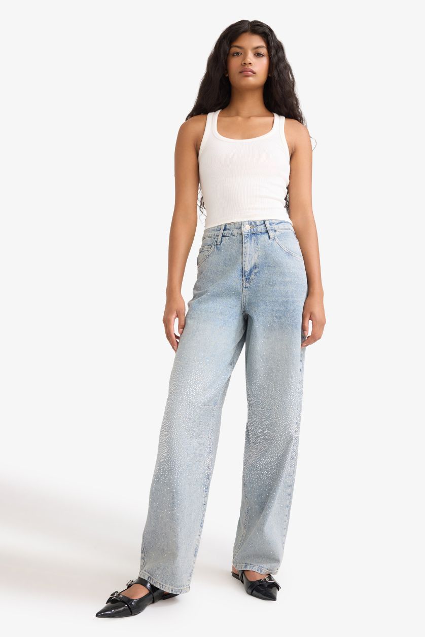 Kadın Mavi Baggy Fit Yüksek Bel Uzun Jean Yıkamalı Pantolon