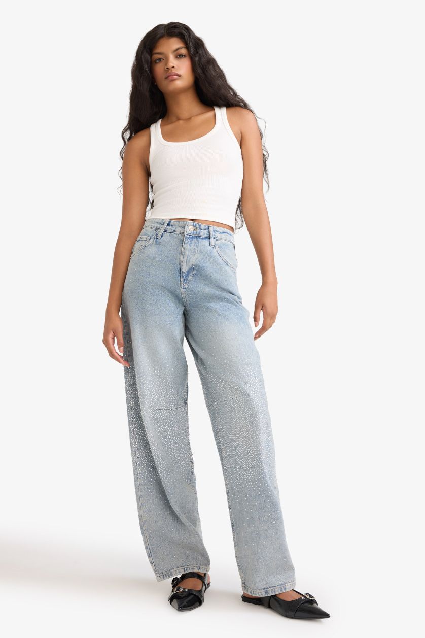 Kadın Mavi Baggy Fit Yüksek Bel Uzun Jean Yıkamalı Pantolon