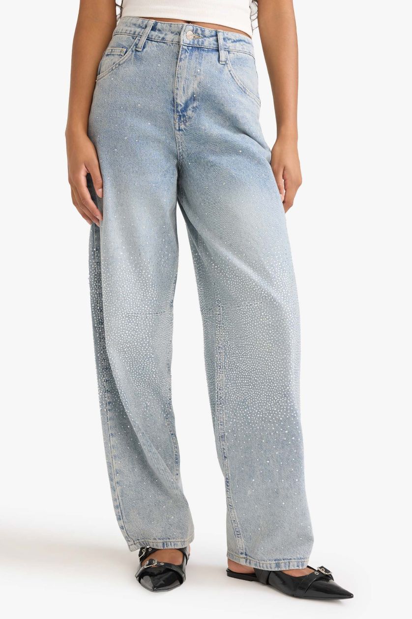 Kadın Mavi Baggy Fit Yüksek Bel Uzun Jean Yıkamalı Pantolon