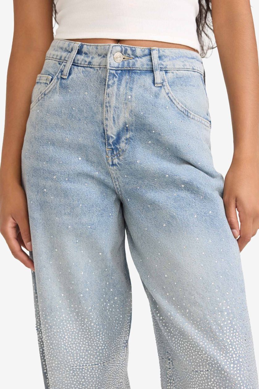 Kadın Mavi Baggy Fit Yüksek Bel Uzun Jean Yıkamalı Pantolon