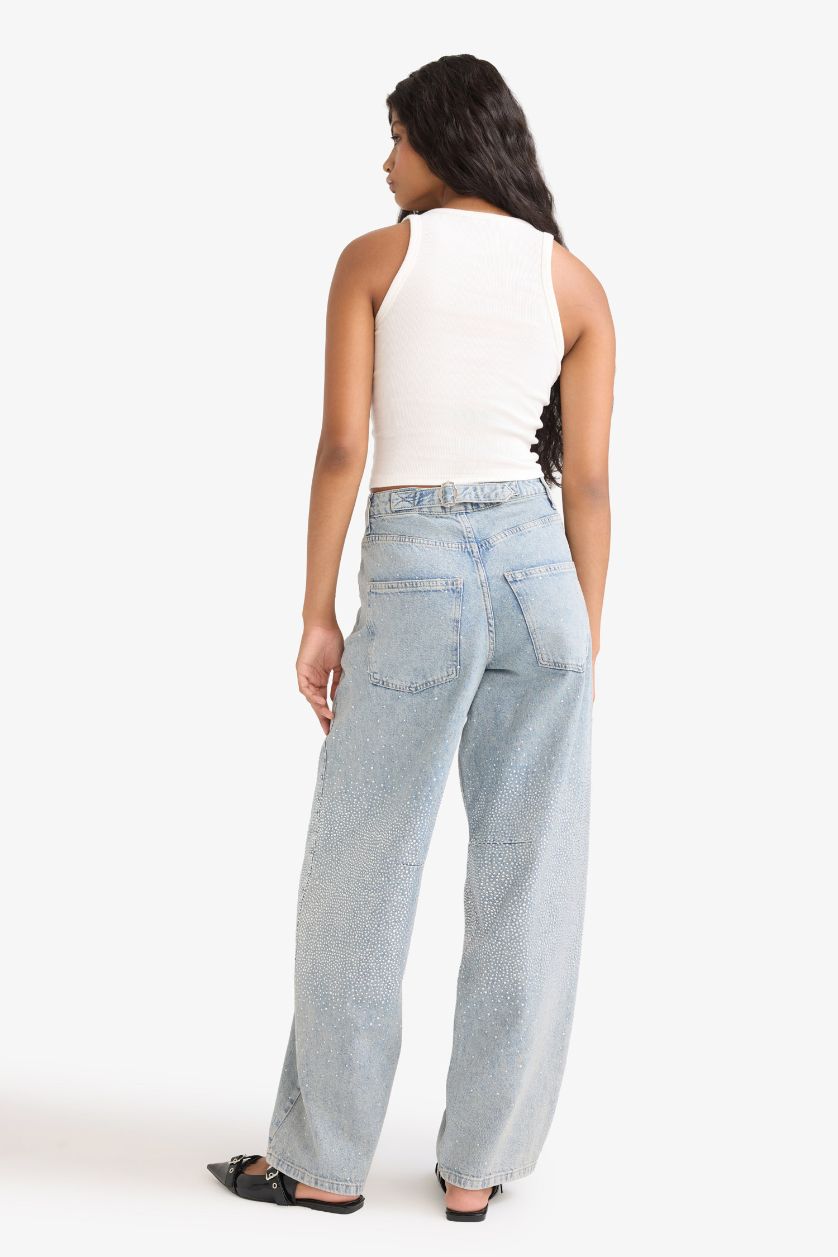 Kadın Mavi Baggy Fit Yüksek Bel Uzun Jean Yıkamalı Pantolon