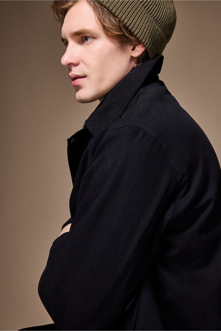 رجالي أسود جاكيت قطن قصة عادية بياقة بولو وسوسته