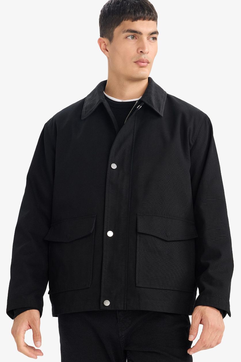 رجالي أسود جاكيت قطن قصة عادية بياقة بولو وسوسته