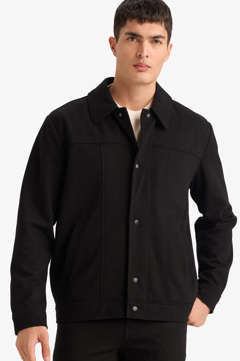 Erkek Siyah Regular Fıt Polo Yaka Çıtçıtlı Mont