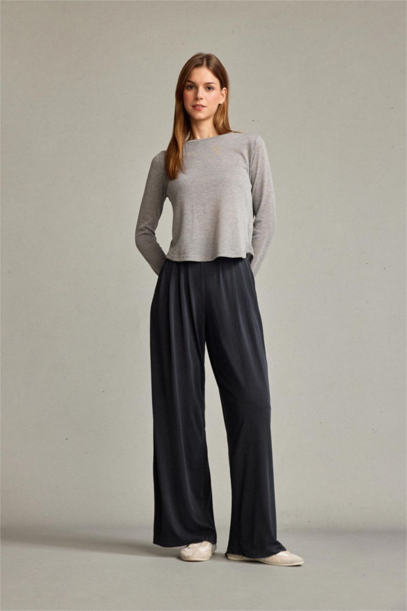 Kadın Açık Antrasit Beli Lastikli Geniş Paça Modal Pantolon