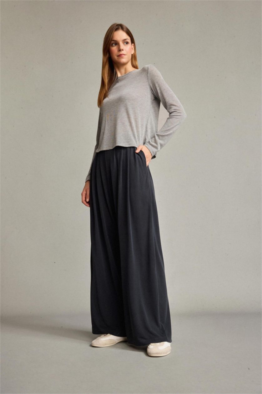 Kadın Açık Antrasit Beli Lastikli Geniş Paça Modal Pantolon