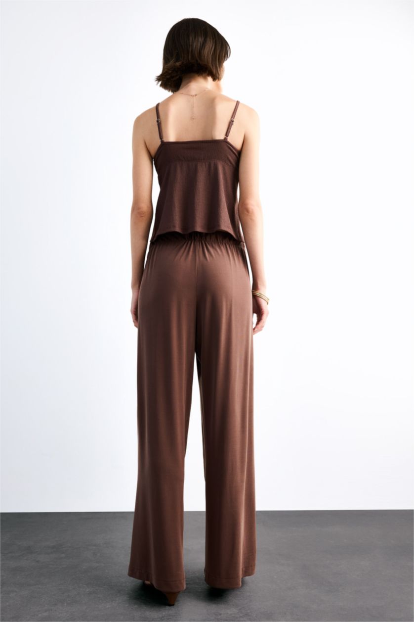 Kadın Açık Kahve Beli Lastikli Geniş Paça Modal Pantolon