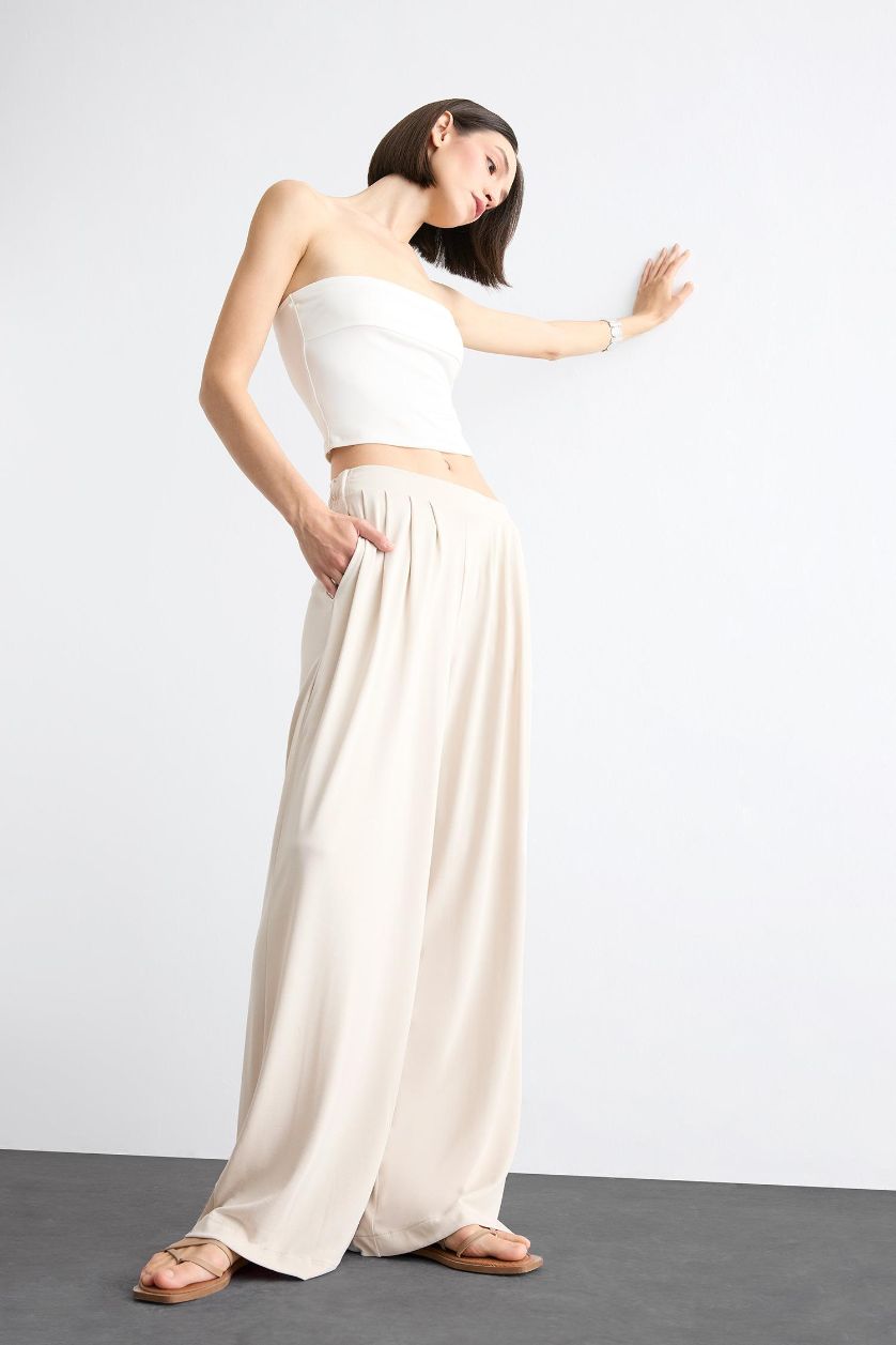 نساء اللون الحجري بنطرون باجي فيت برجل واسع وخصر مطاطي