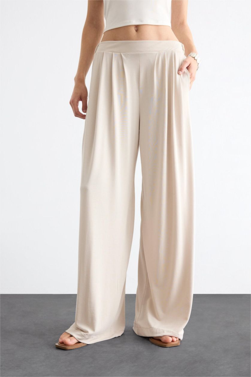 نساء اللون الحجري بنطرون باجي فيت برجل واسع وخصر مطاطي