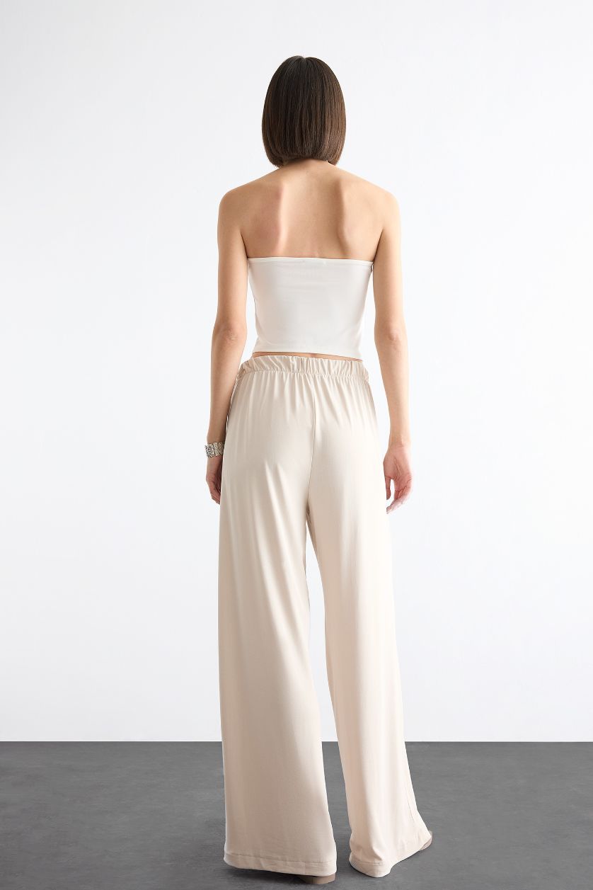 نساء اللون الحجري بنطرون باجي فيت برجل واسع وخصر مطاطي