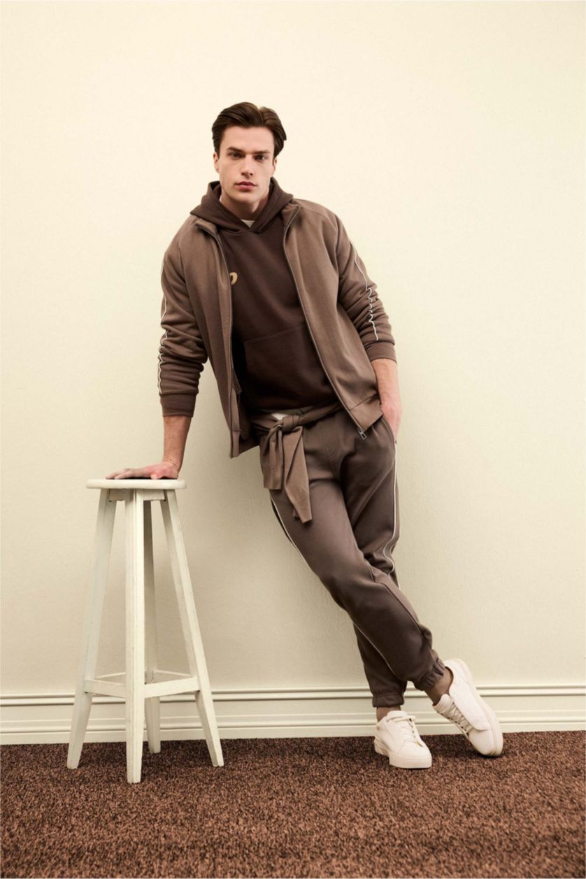 MAN Light Brown Slim Fit Zipper Pocket Pique Trousers