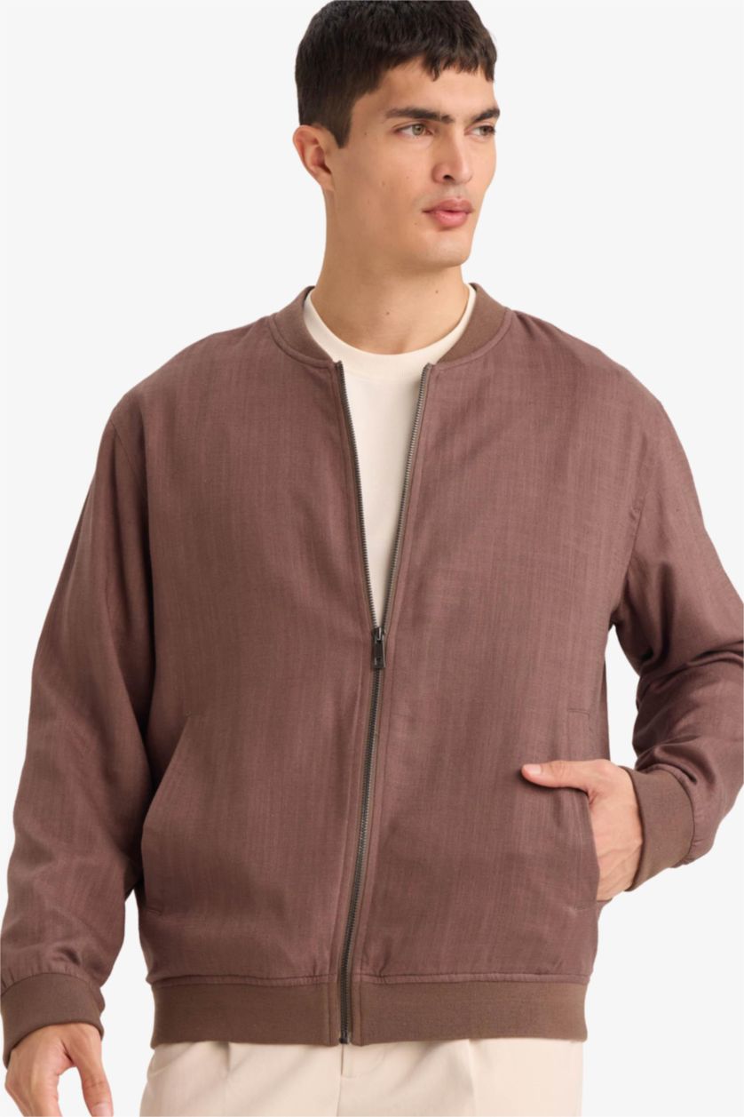 Man Brown Linen Blend Zip-Up Jacket