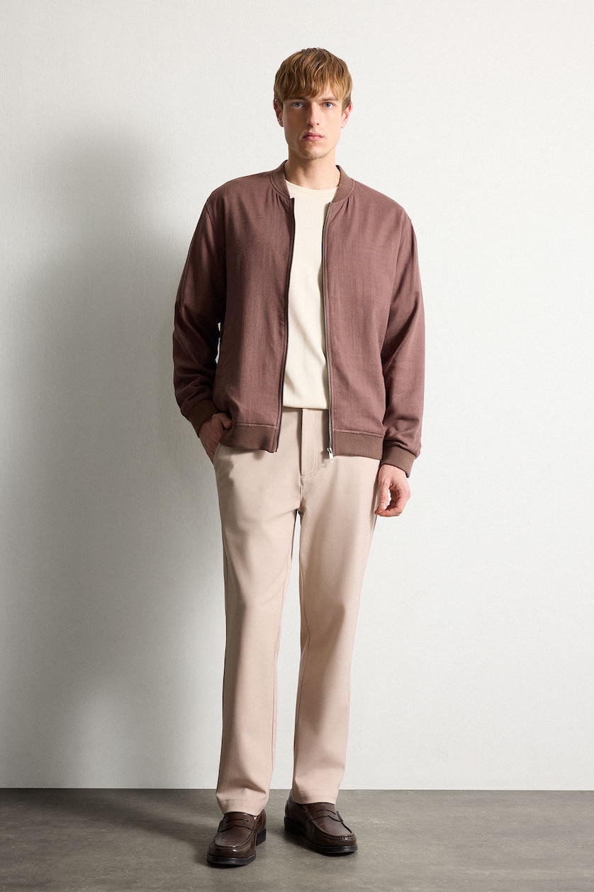 Men Brown Linen Blend Zip-Up Jacket