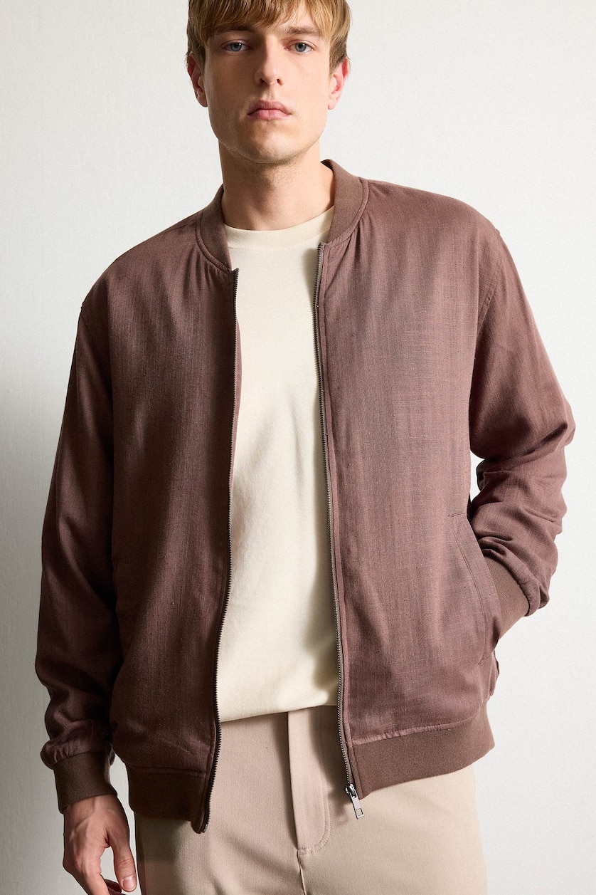Men Brown Linen Blend Zip-Up Jacket
