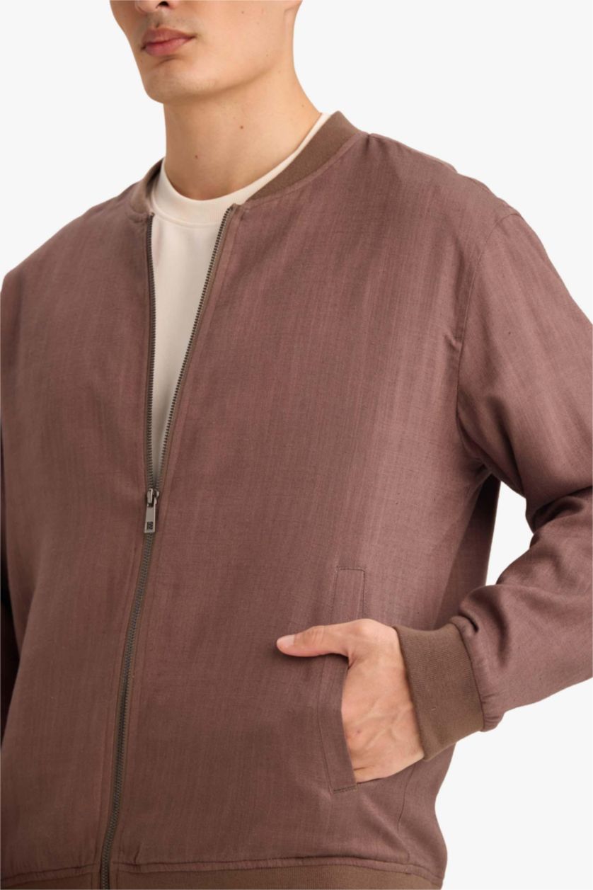 Man Brown Linen Blend Zip-Up Jacket