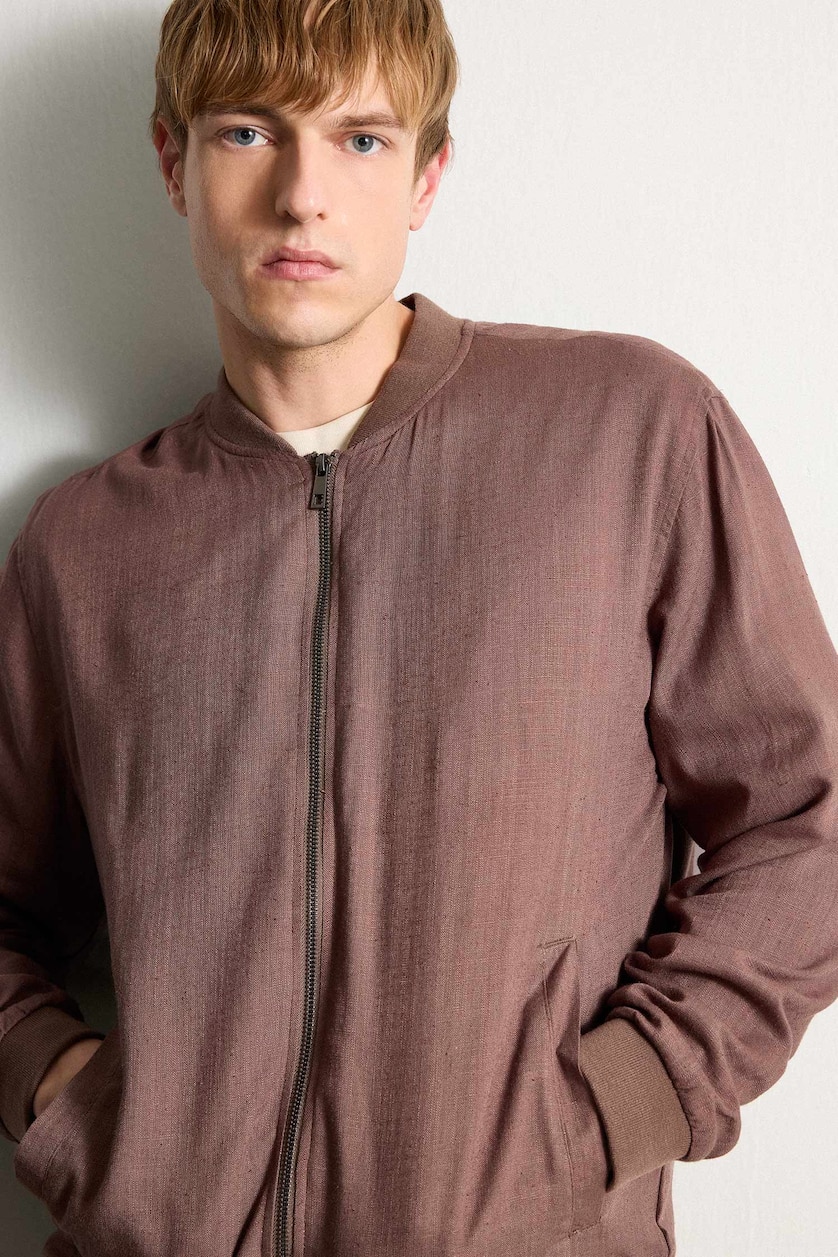 Men Brown Linen Blend Zip-Up Jacket