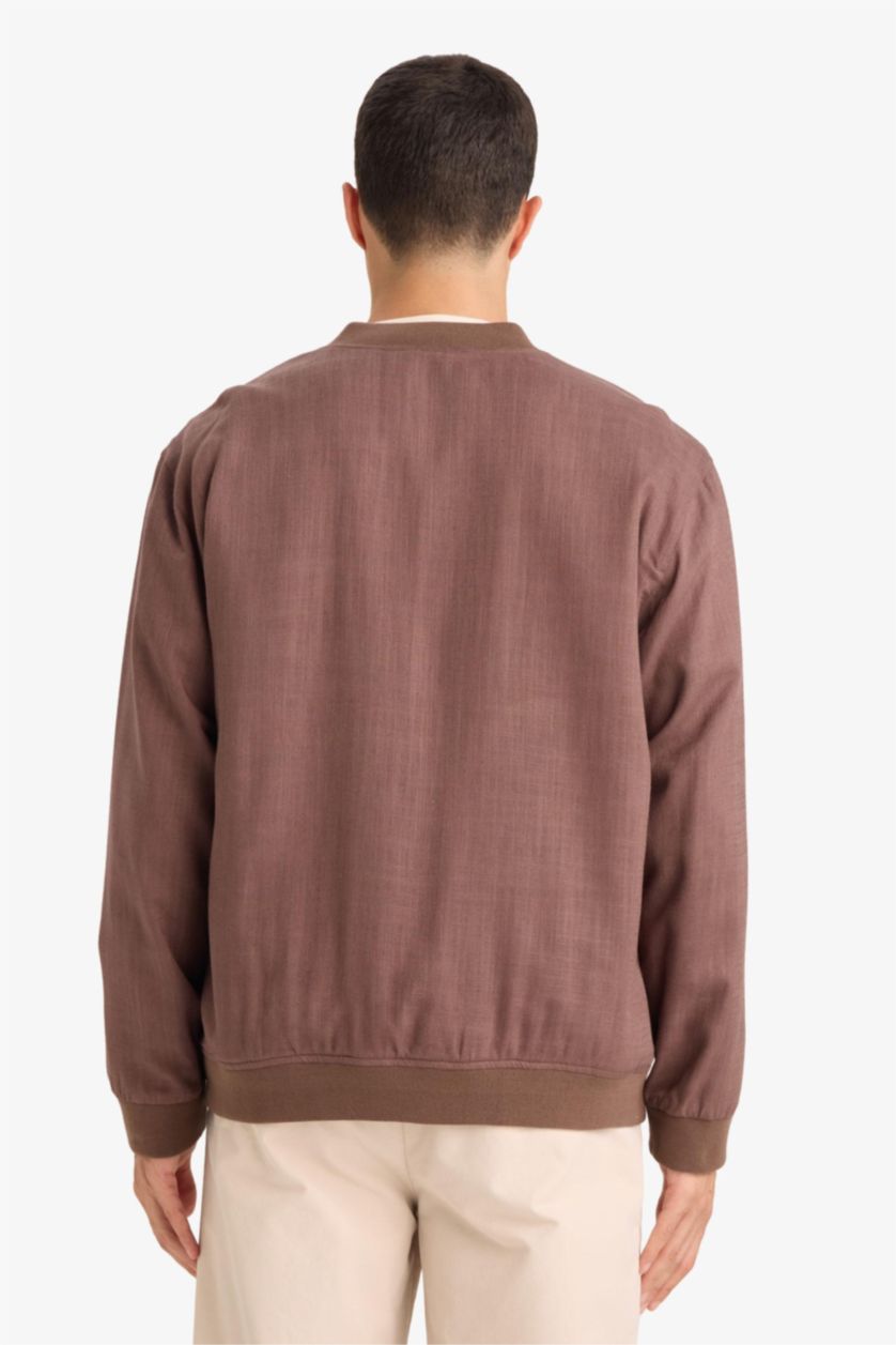 Man Brown Linen Blend Zip-Up Jacket