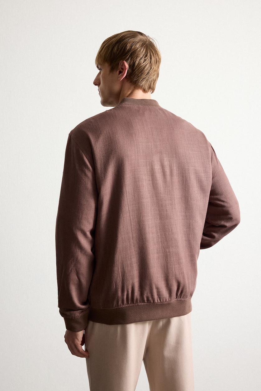 Men Brown Linen Blend Zip-Up Jacket