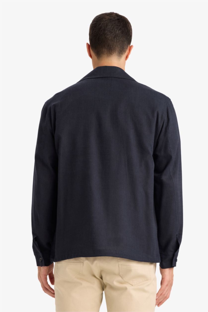 Erkek Lacivert Regular Fıt Fermuarlı Keten Karışımlı Mont