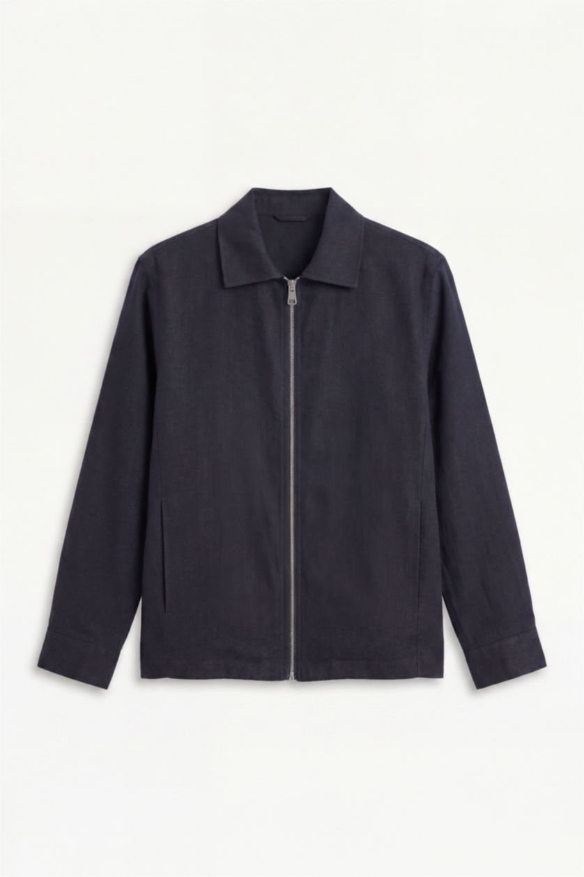 Men NAVY Regular Fit Zip-Up Linen Blend Jacket