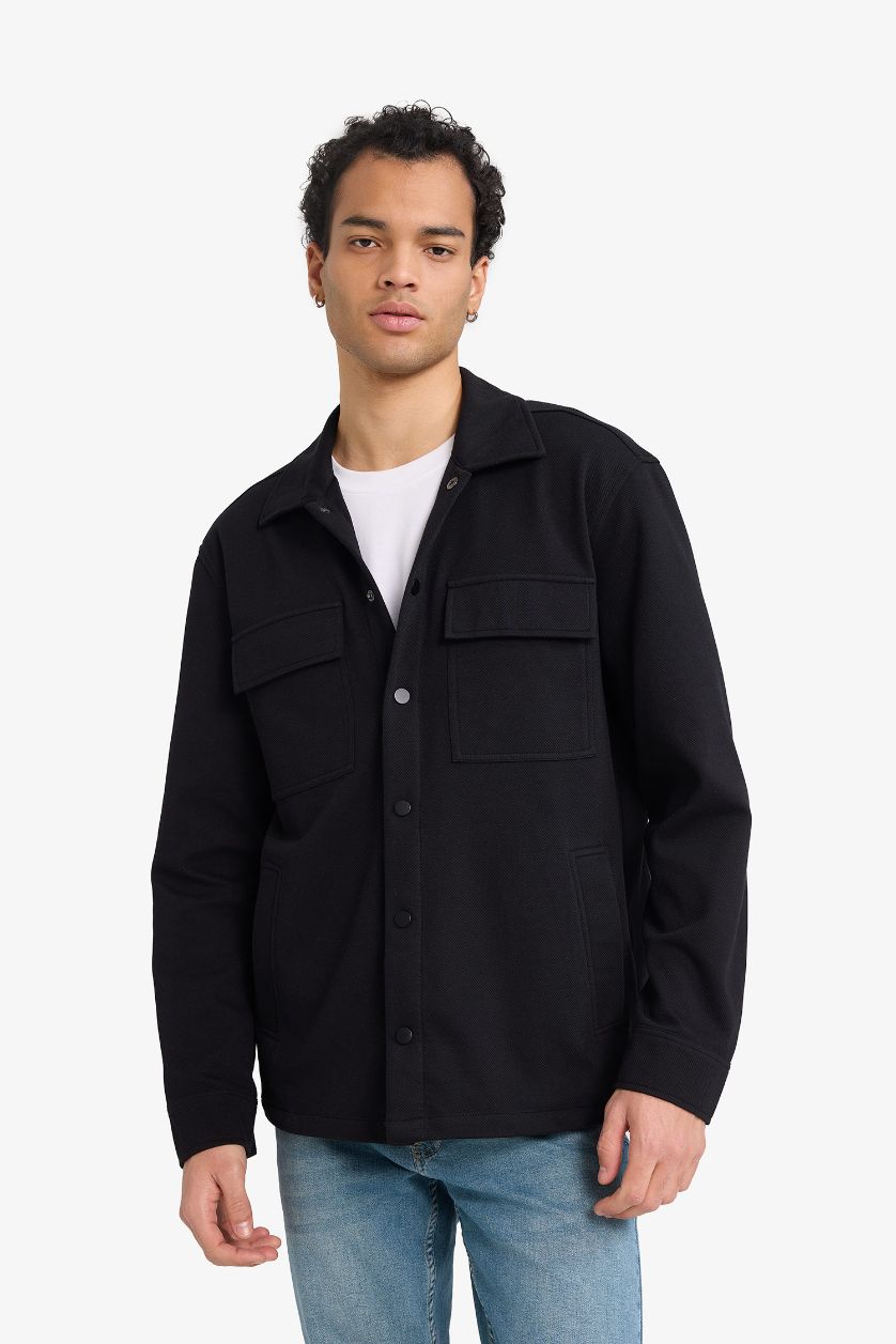 Man Black Regular Fit Long Sleeve Overshirt