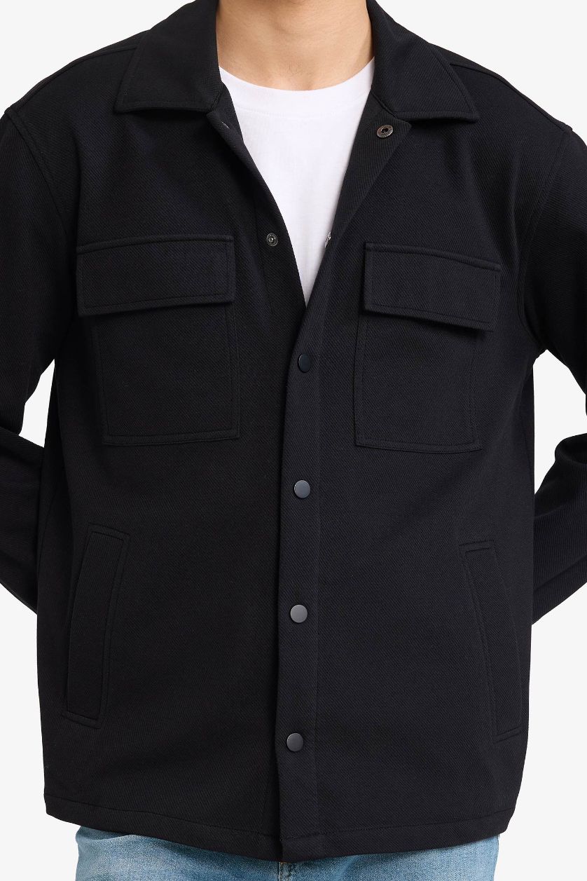 Man Black Regular Fit Long Sleeve Overshirt