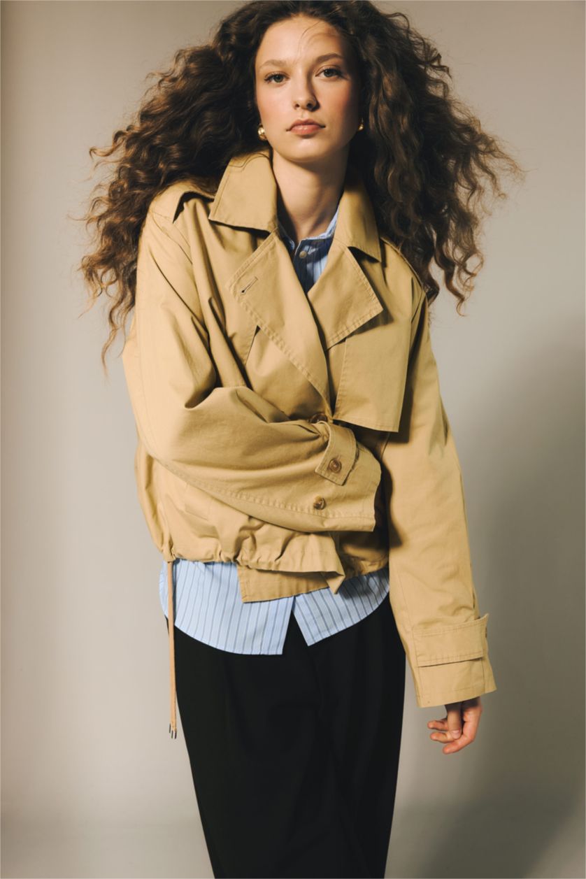 Kadın Bej Relax Fıt Ceket Yaka Trençkot