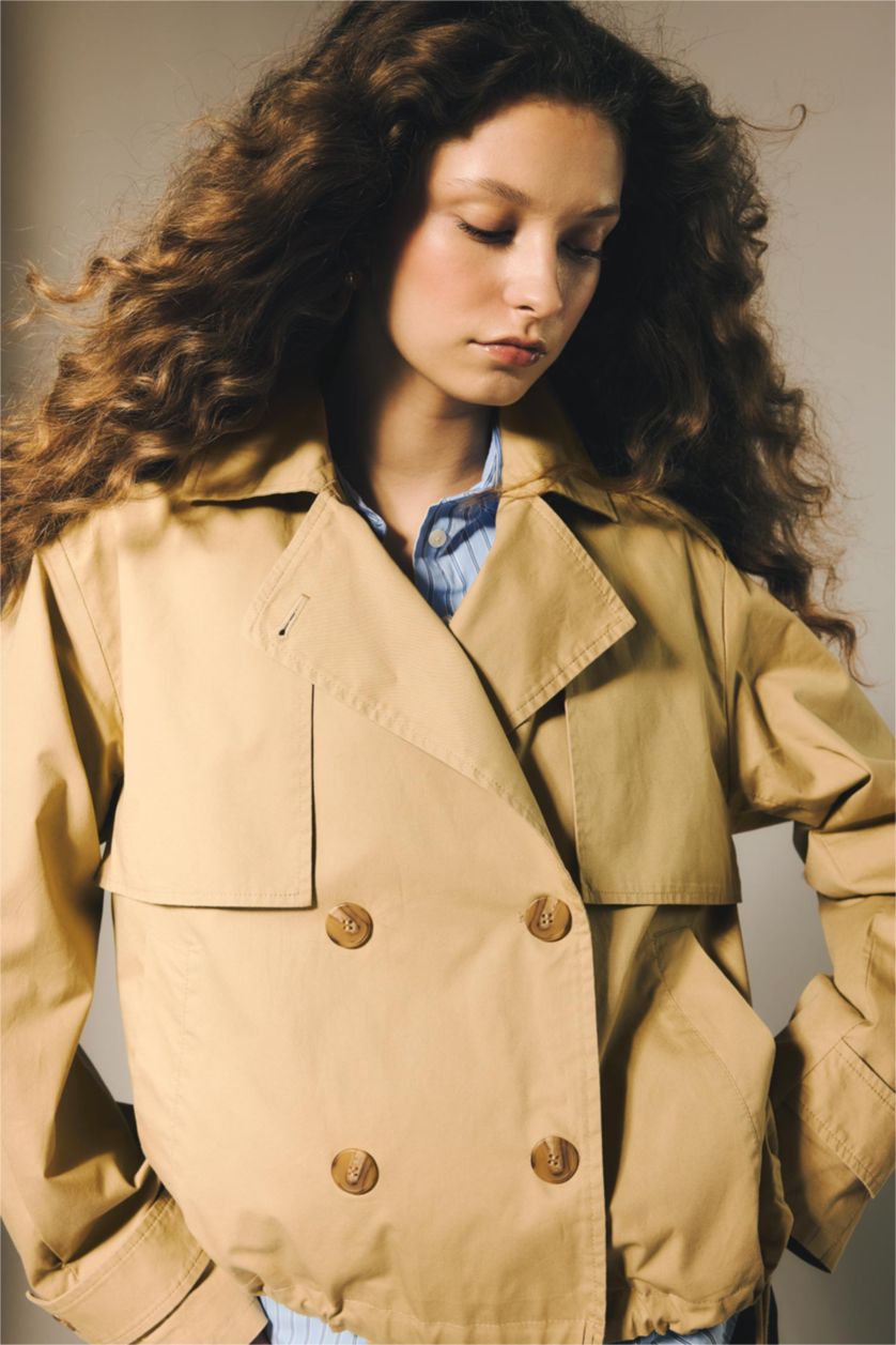 Kadın Bej Relax Fıt Ceket Yaka Trençkot