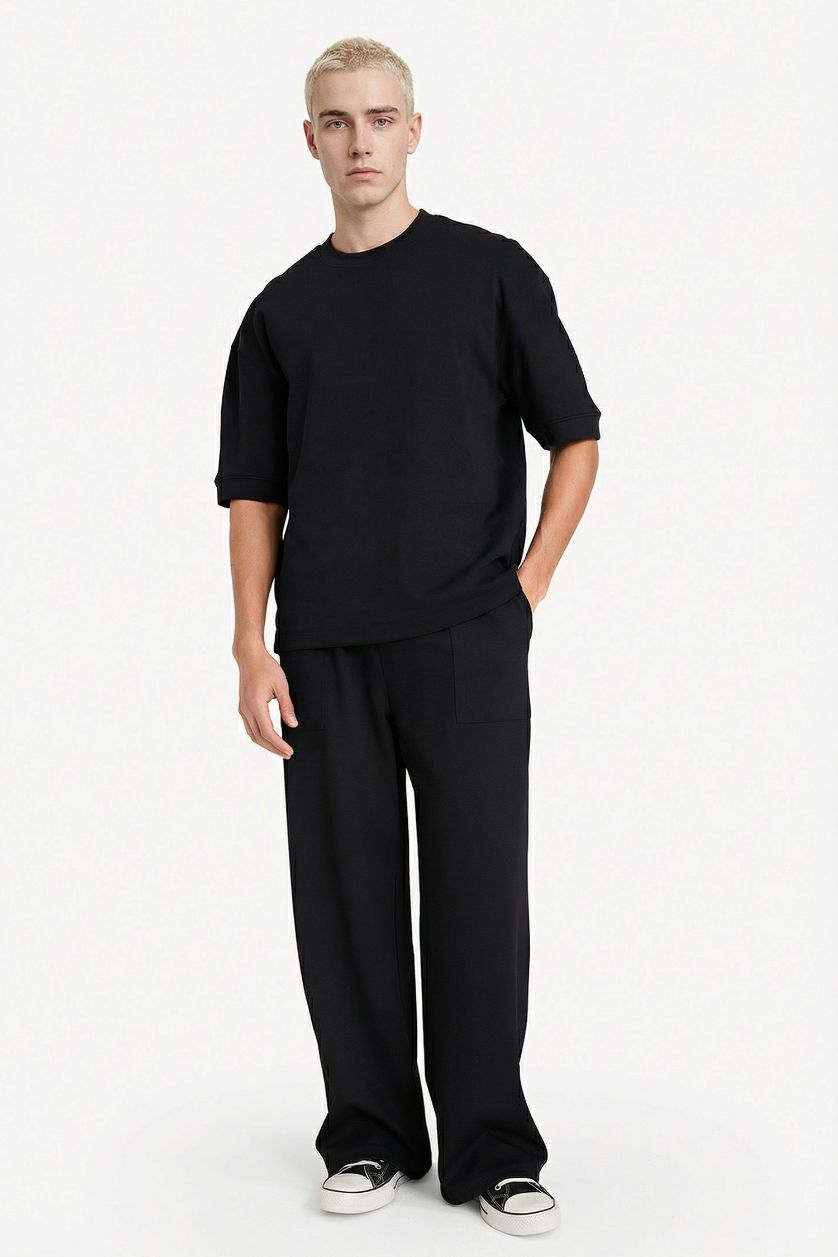 رجال أسود بنطرون وايد ليج برجل واسع