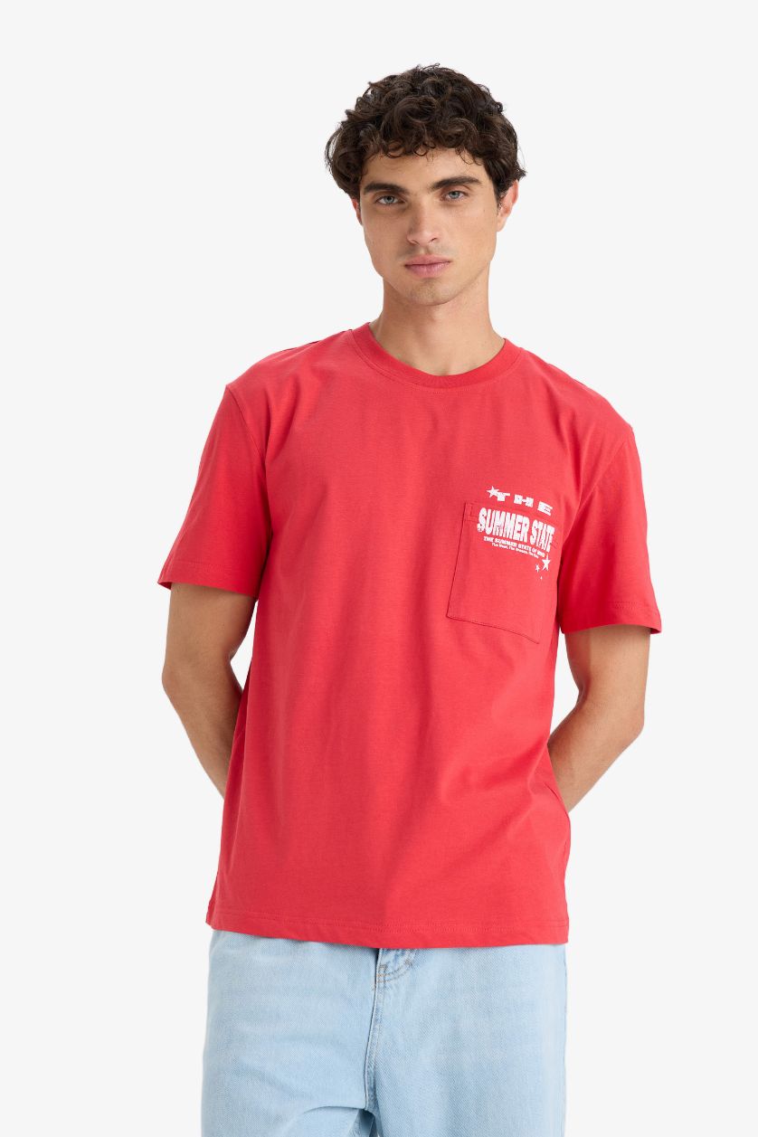 Erkek Mercan Regular Fıt Bisiklet Yaka Baskılı Kısa Kollu Tişört