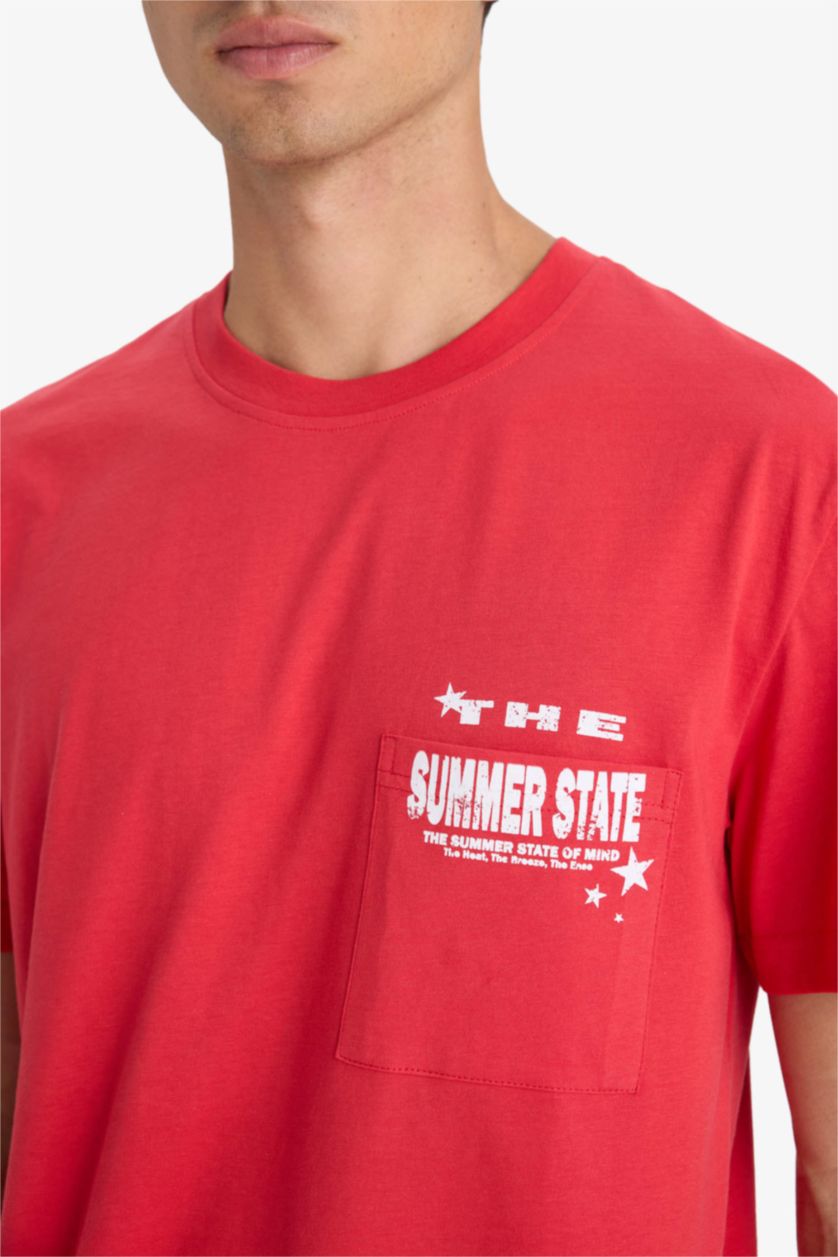 Erkek Mercan Regular Fıt Bisiklet Yaka Baskılı Kısa Kollu Tişört