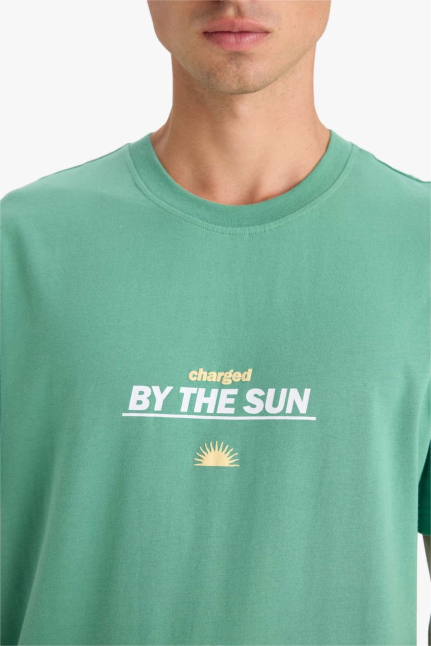 Erkek Yeşil %100 Pamuk Regular Fit Bisiklet Yaka Baskılı Kısa Kollu Tişört