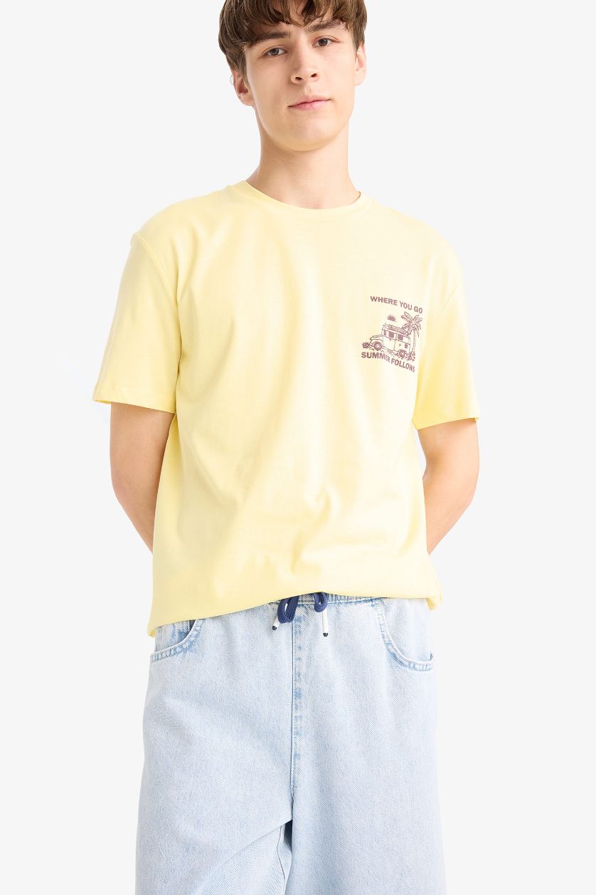 Man Yellow Regular Fit Crew Neck Printed Short Sleeve T-Shirt