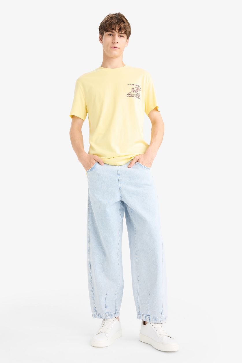 Man Yellow Regular Fit Crew Neck Printed Short Sleeve T-Shirt